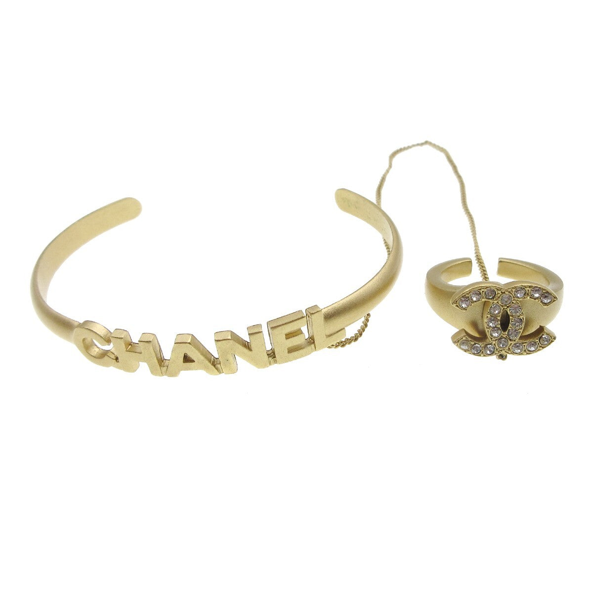 Chanel Logo Bangle With Chain Attached Cc Ring Metal With Crystal Gold Gold_Plated Bracelet Jewelry (Pre-Owned)