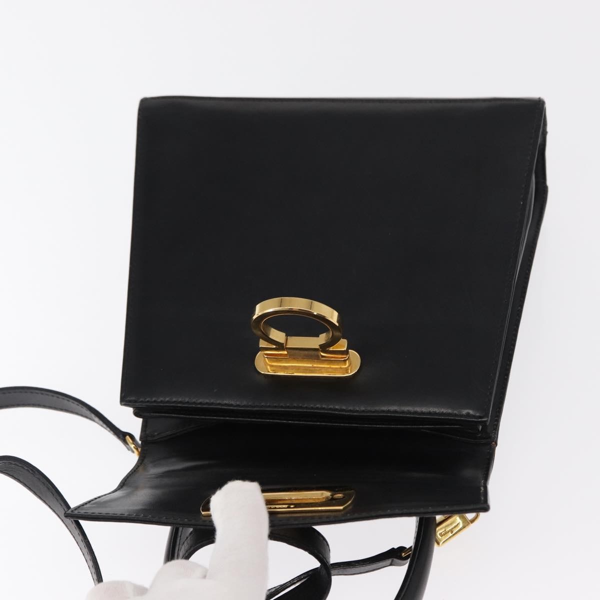 Salvatore Ferragamo Gancini Convertible Top Handle Bag Leather Black Leather Handbag (Pre-Owned)