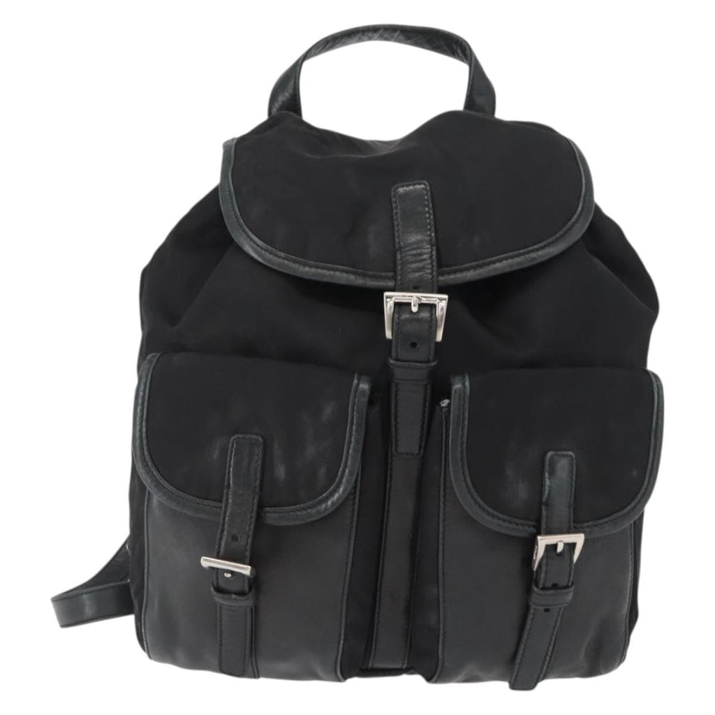 Prada Vela Double Front Pocket Backpack Tessuto With Saffiano Leather Black Nylon Backpack Bag (Pre-Owned)