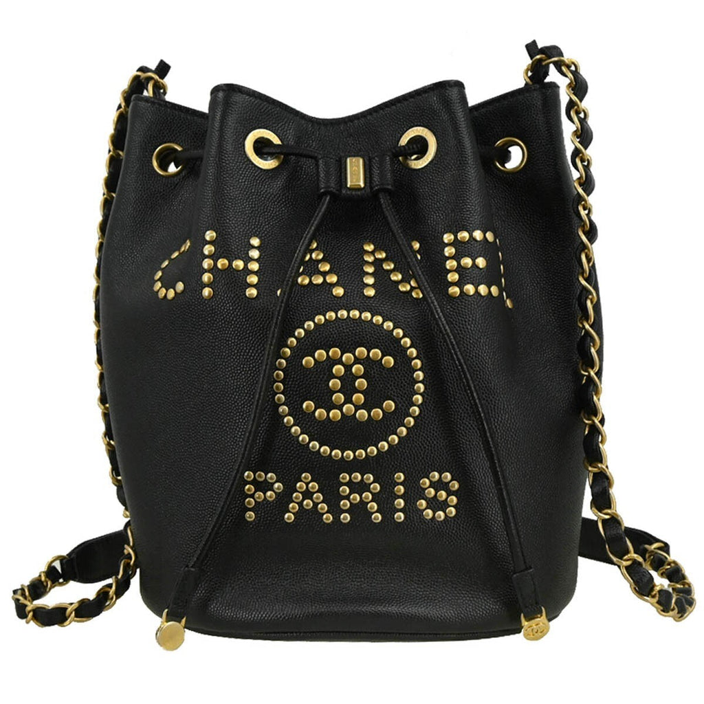 Chanel Deauville Drawstring Bucket Bag Studded Caviar Black Leather Shoulder Bag Bag (Pre-Owned)