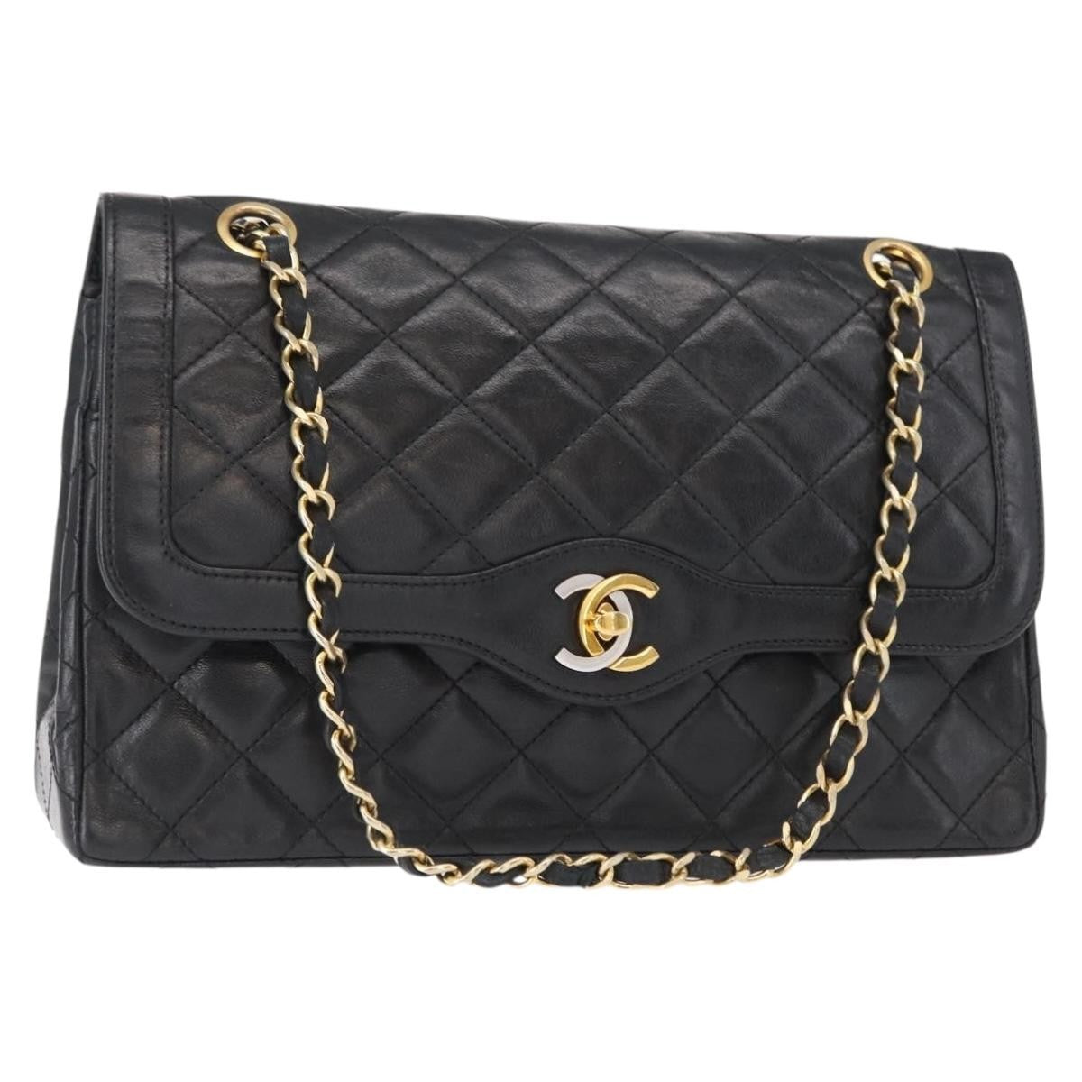 Chanel Vintage Two Tone Cc Flap Bag Quilted Lambskin Black Leather Shoulder Bag Bag (Pre-Owned)