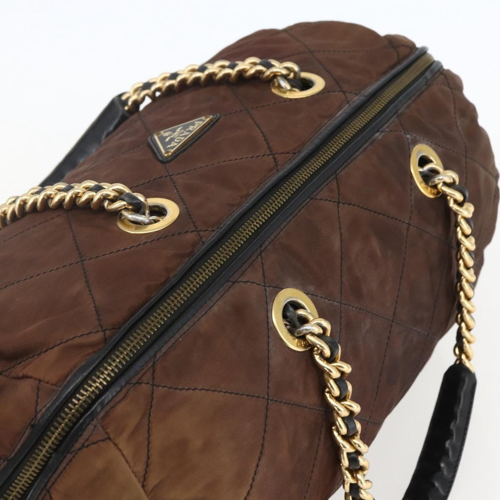 Prada Vintage Chain Handbag Tessuto Brown Nylon Handbag (Pre-Owned)