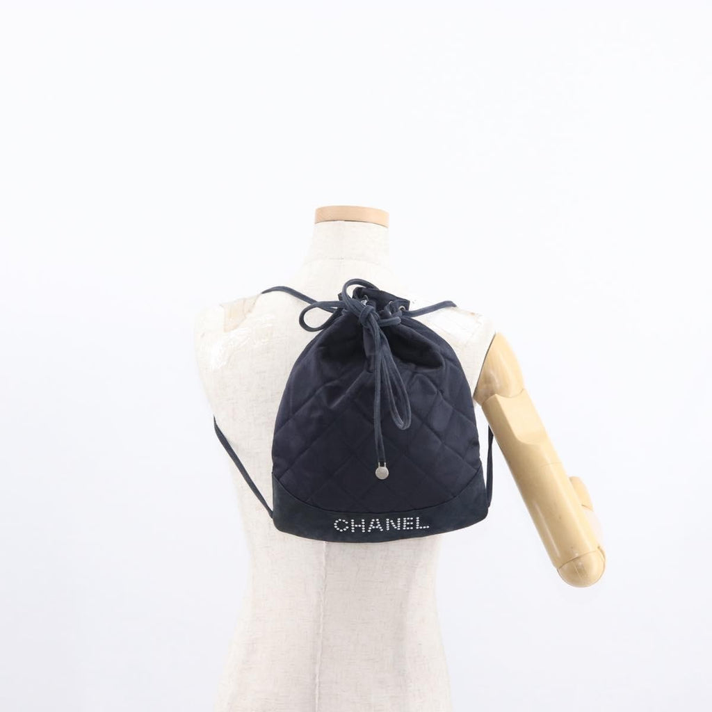 Chanel Vintage Drawstring Backpack Quilted Satin With Suede Navy Satin Backpack Bag (Pre-Owned)