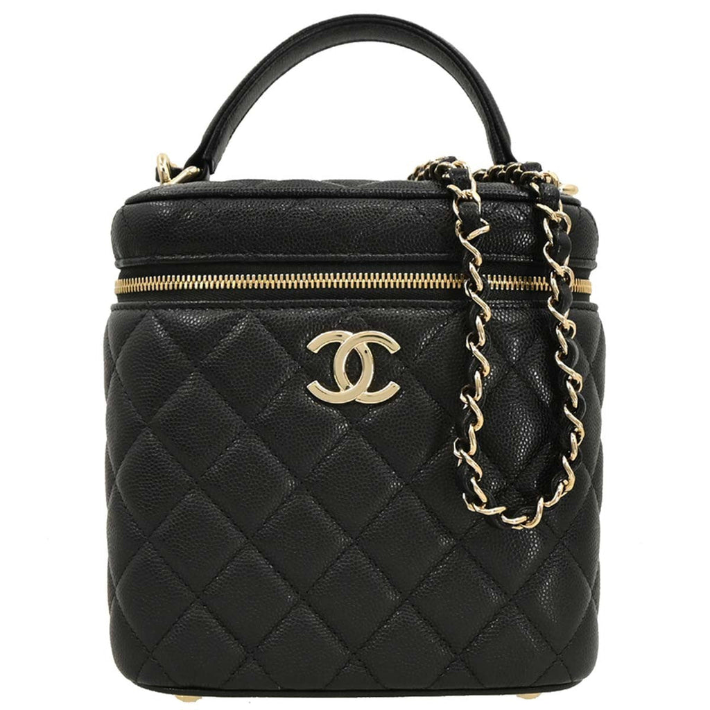 Chanel Cc Top Handle Vanity Case With Chain Quilted Caviar Black Leather Handbag (Pre-Owned)