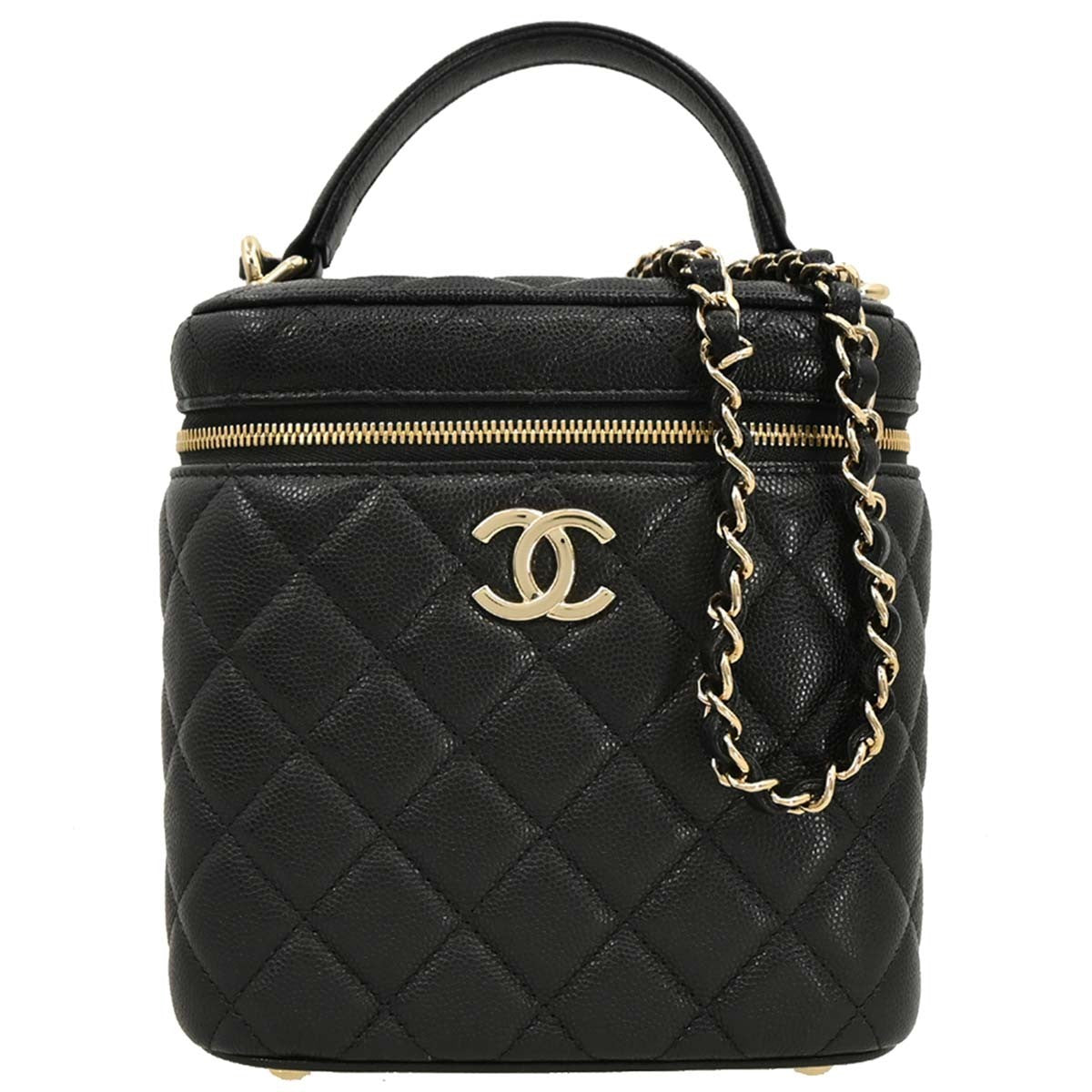 Chanel Cc Top Handle Vanity Case With Chain Quilted Caviar Black Leather Handbag (Pre-Owned)