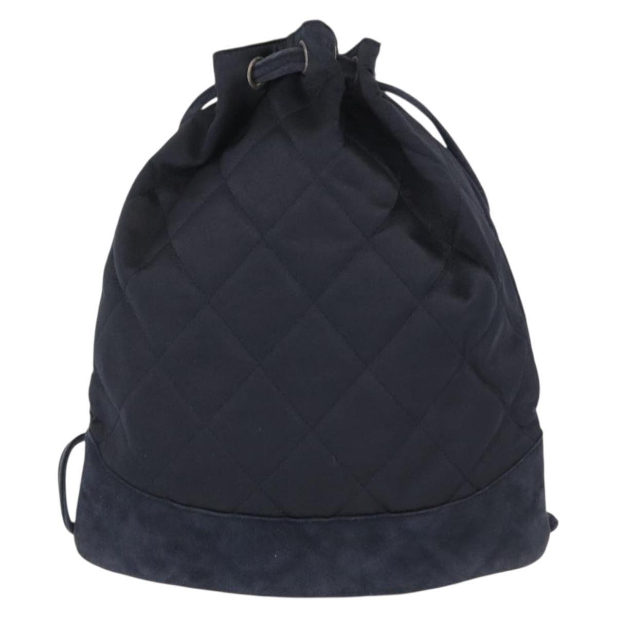 Chanel Vintage Drawstring Backpack Quilted Satin With Suede Navy Satin Backpack Bag (Pre-Owned)
