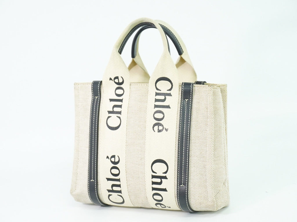Chloe Woody Tote Canvas With Leather Beige,Navy Canvas Tote Bag Bag (Pre-Owned)