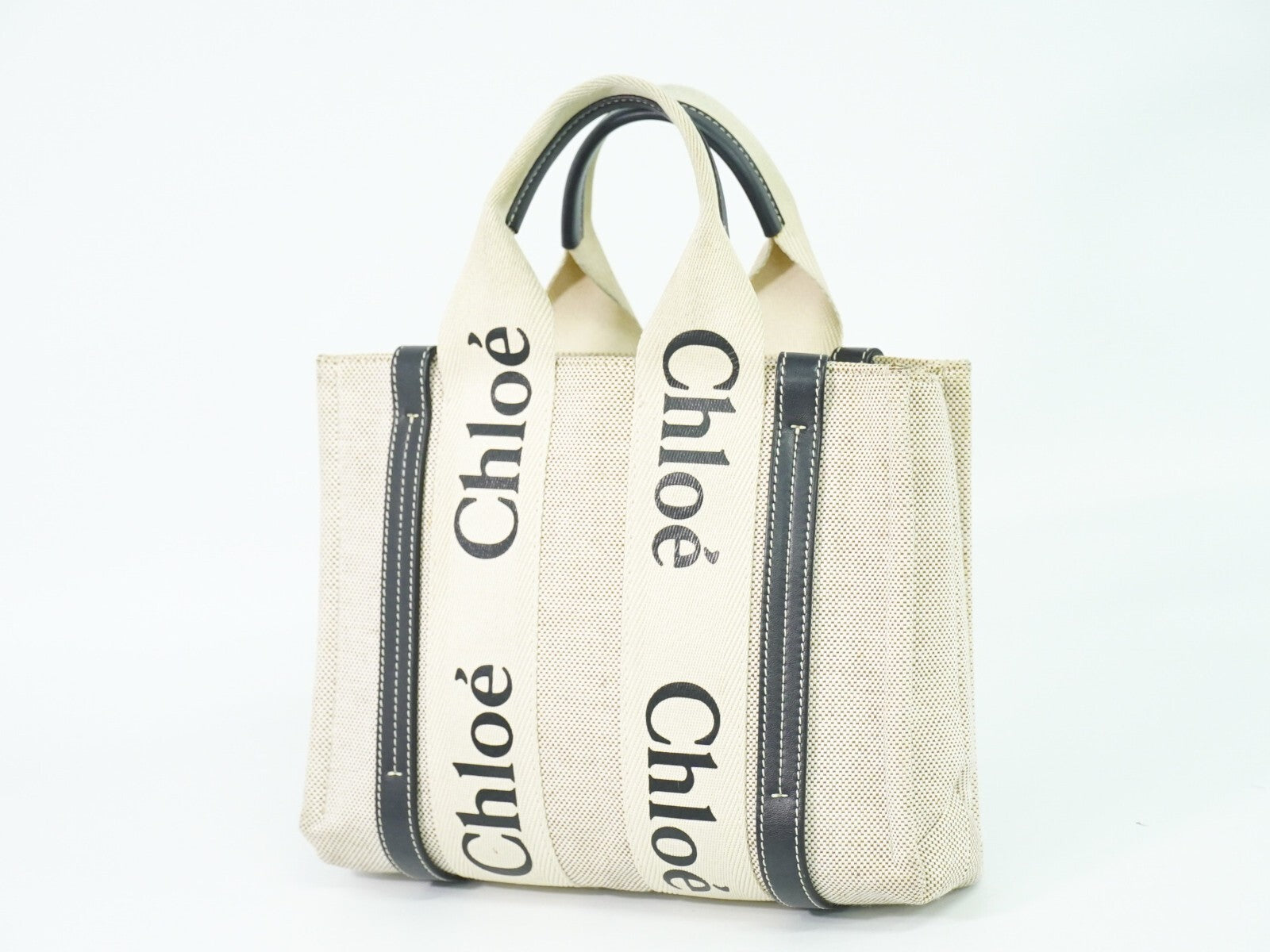 Chloe Woody Tote Canvas With Leather Beige,Navy Canvas Tote Bag Bag (Pre-Owned)