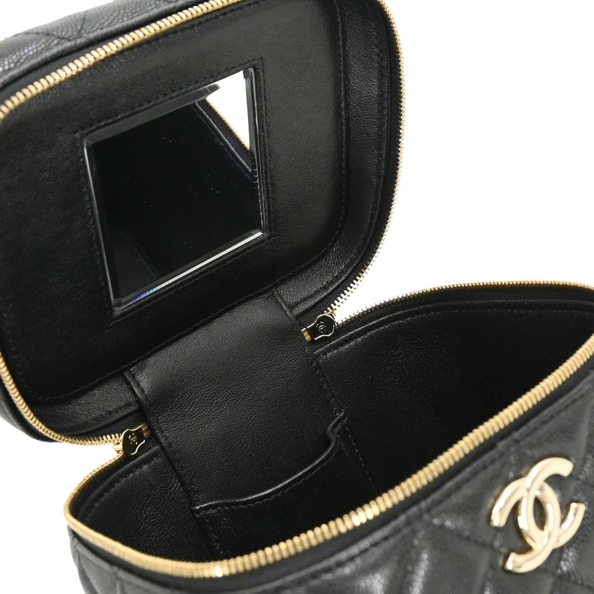 Chanel Cc Top Handle Vanity Case With Chain Quilted Caviar Black Leather Handbag (Pre-Owned)