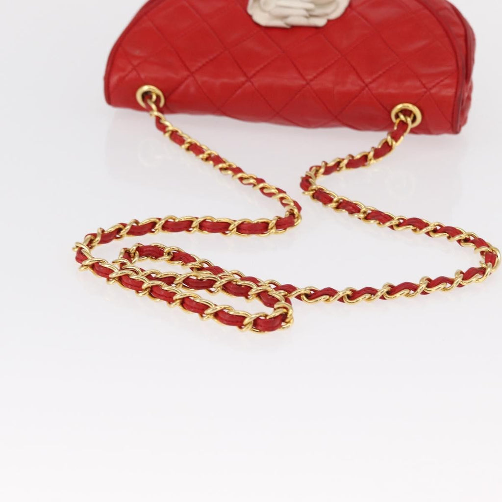 Chanel Camellia Rounded Clutch Satin And Leather Red Leather Shoulder Bag Bag (Pre-Owned)