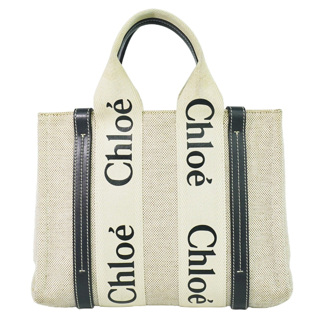Chloe Woody Tote Canvas With Leather Beige,Navy Canvas Tote Bag Bag (Pre-Owned)