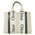 Chloe Woody Tote Canvas With Leather Beige,Navy Canvas Tote Bag Bag (Pre-Owned)