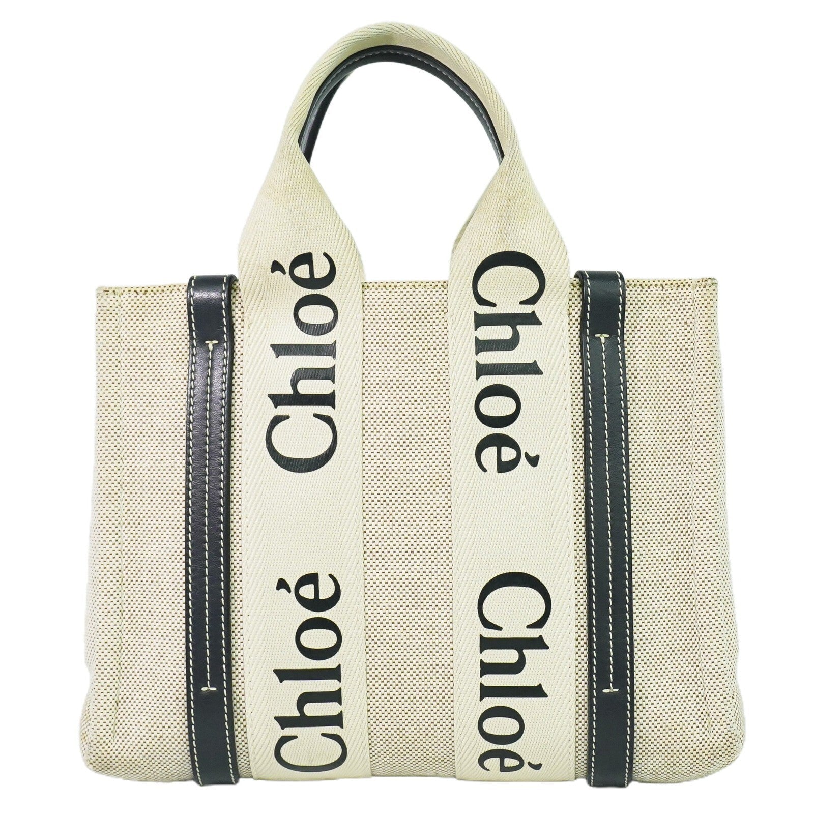 Chloe Woody Tote Canvas With Leather Beige,Navy Canvas Tote Bag Bag (Pre-Owned)