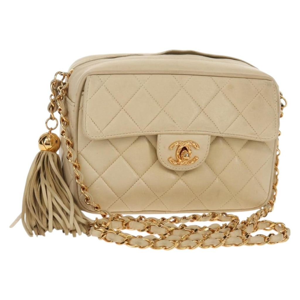 Chanel Chain Flap Shoulder Bag Quilted Lambskin Beige Leather Shoulder Bag Bag (Pre-Owned)