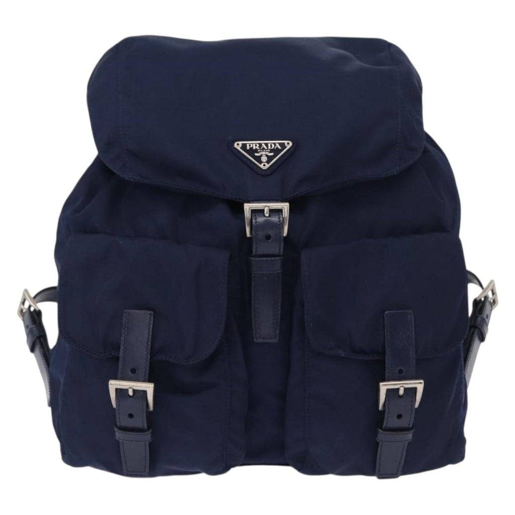 Prada Vela Double Front Pocket Backpack Tessuto With Saffiano Leather Blue Nylon Backpack Bag (Pre-Owned)