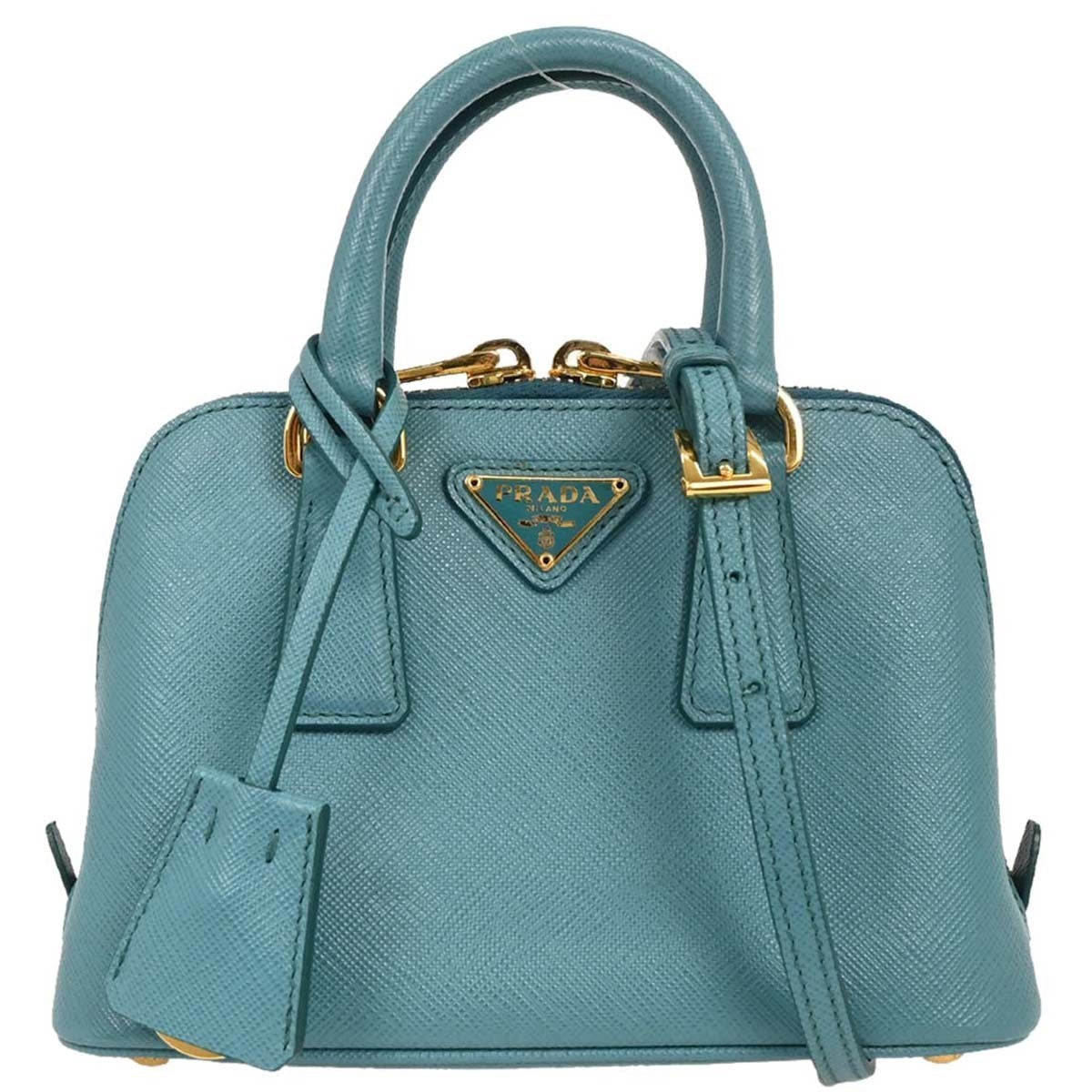 Prada Promenade Bag Saffiano Leather Blue Leather Handbag (Pre-Owned)