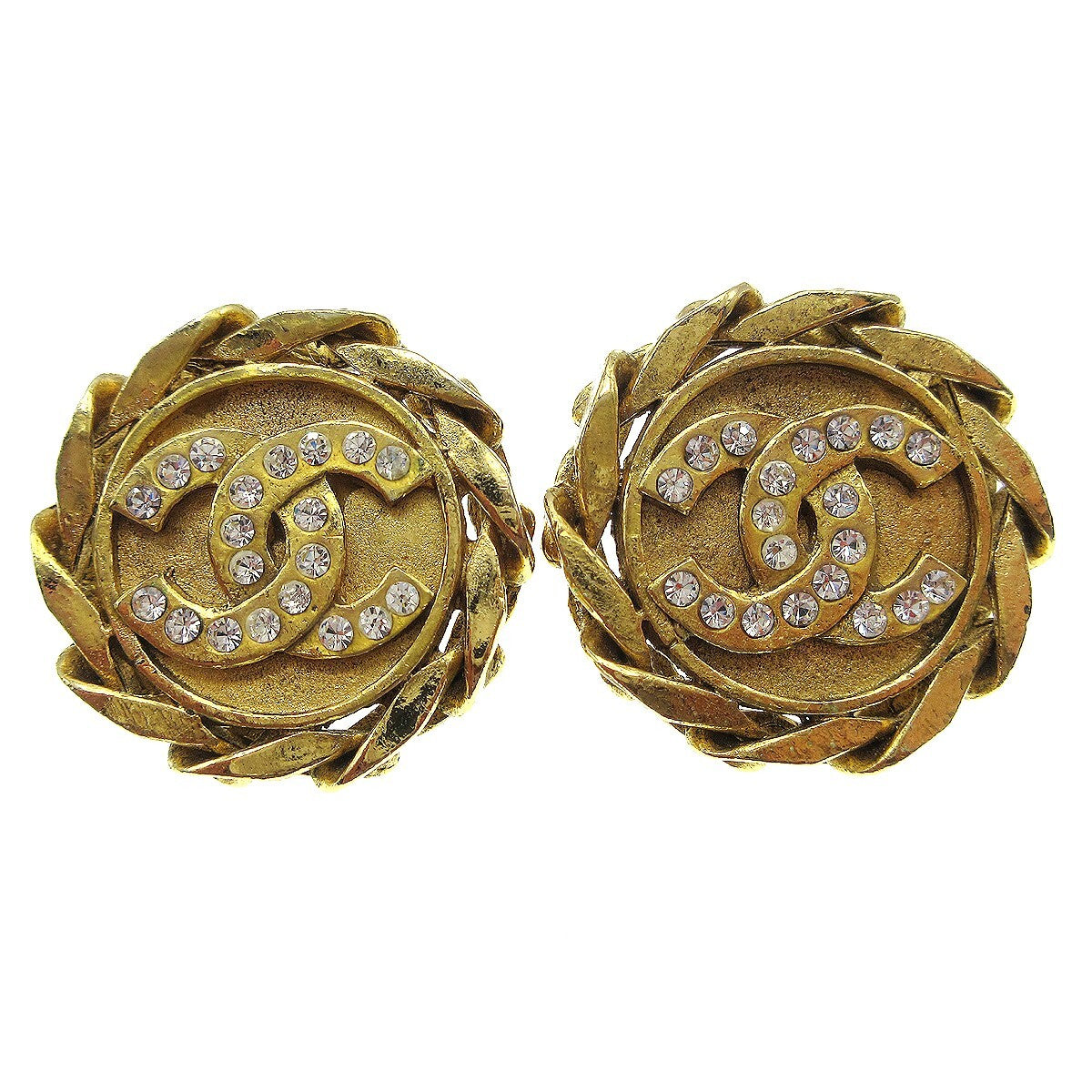 Chanel Vintage Cc Round Clip-On Earrings Metal With Crystals Gold Gold_Plated Earrings Jewelry (Pre-Owned)