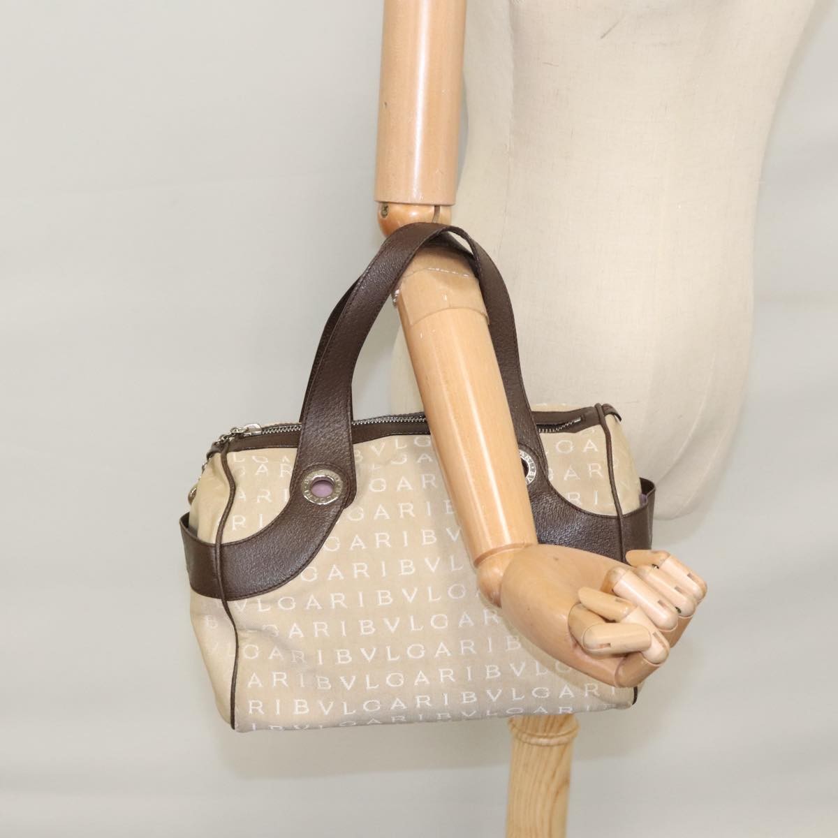 Bvlgari Logomania Handbag Canvas Beige Canvas Handbag (Pre-Owned)