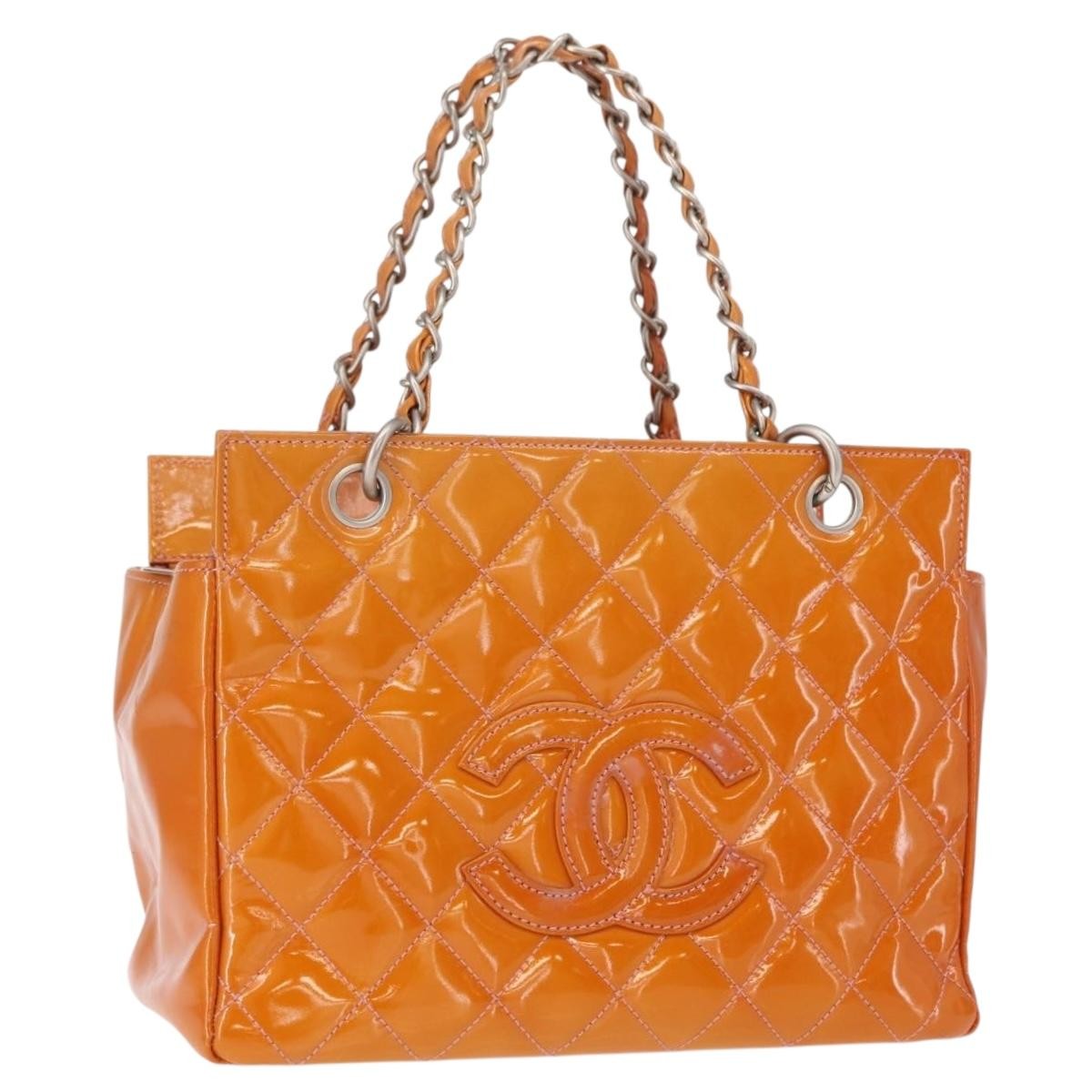 Chanel Vintage Petite Timeless Tote Quilted Patent Orange Patent_Leather Tote Bag Bag (Pre-Owned)