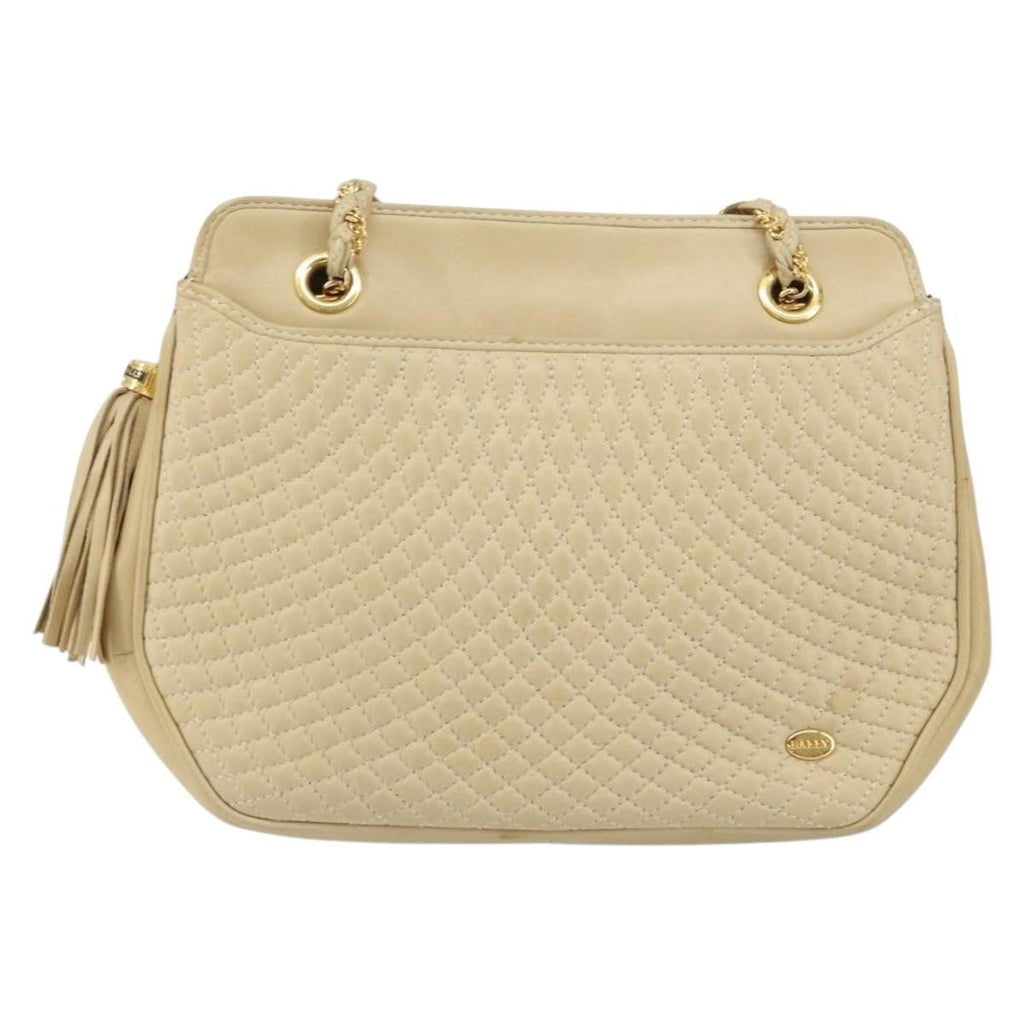 Bally Vintage Chain Shoulder Bag Quilted Leather Beige Leather Shoulder Bag Bag (Pre-Owned)