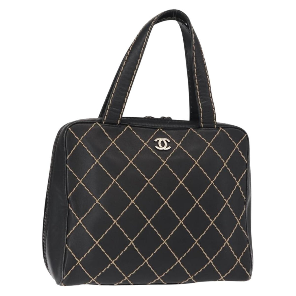 Chanel Surpique Zip Around Satchel Quilted Leather Black Leather Handbag (Pre-Owned)