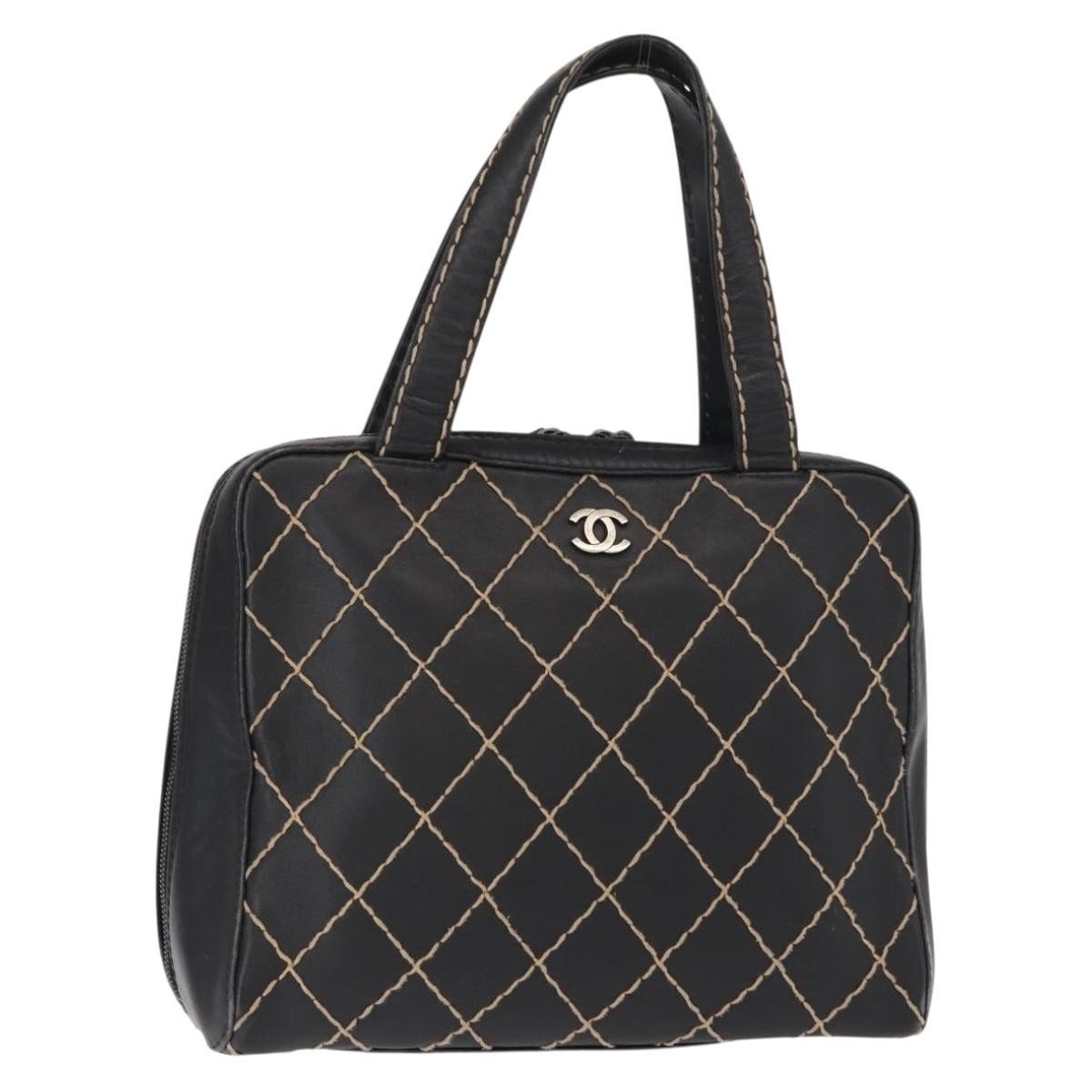 Chanel Surpique Zip Around Satchel Quilted Leather Black Leather Handbag (Pre-Owned)
