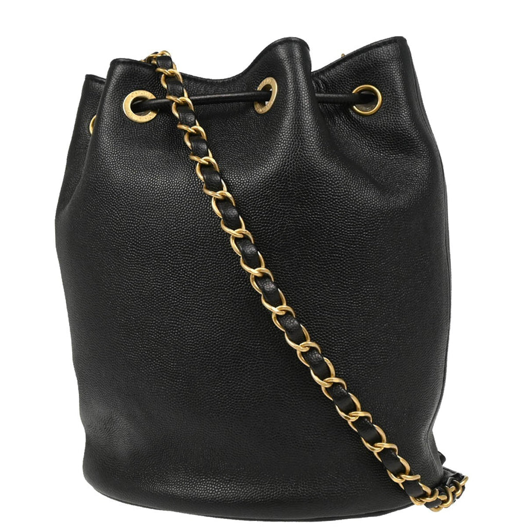 Chanel Deauville Drawstring Bucket Bag Studded Caviar Black Leather Shoulder Bag Bag (Pre-Owned)