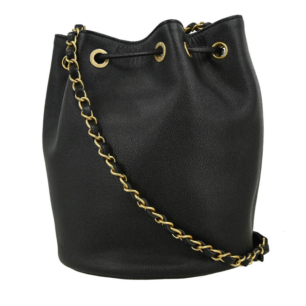 Chanel Deauville Drawstring Bucket Bag Studded Caviar Black Leather Shoulder Bag Bag (Pre-Owned)