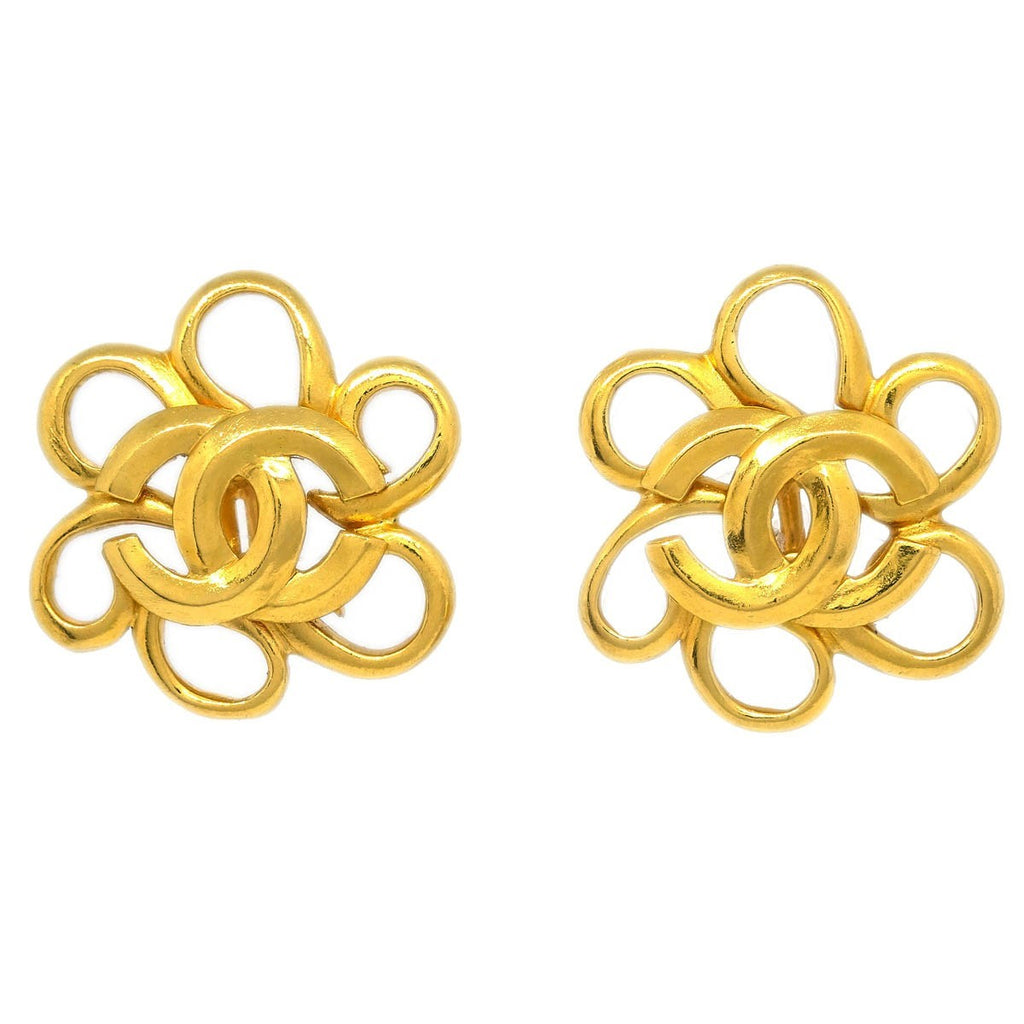 Chanel Vintage Cc Flower Clip-On Earrings Metal Gold Gold_Plated Earrings Jewelry (Pre-Owned)