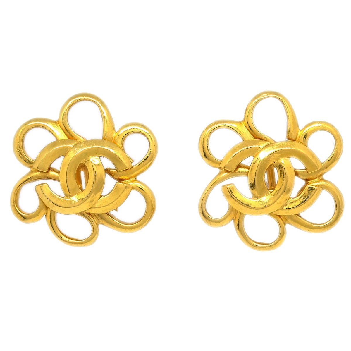 Chanel Vintage Cc Flower Clip-On Earrings Metal Gold Gold_Plated Earrings Jewelry (Pre-Owned)