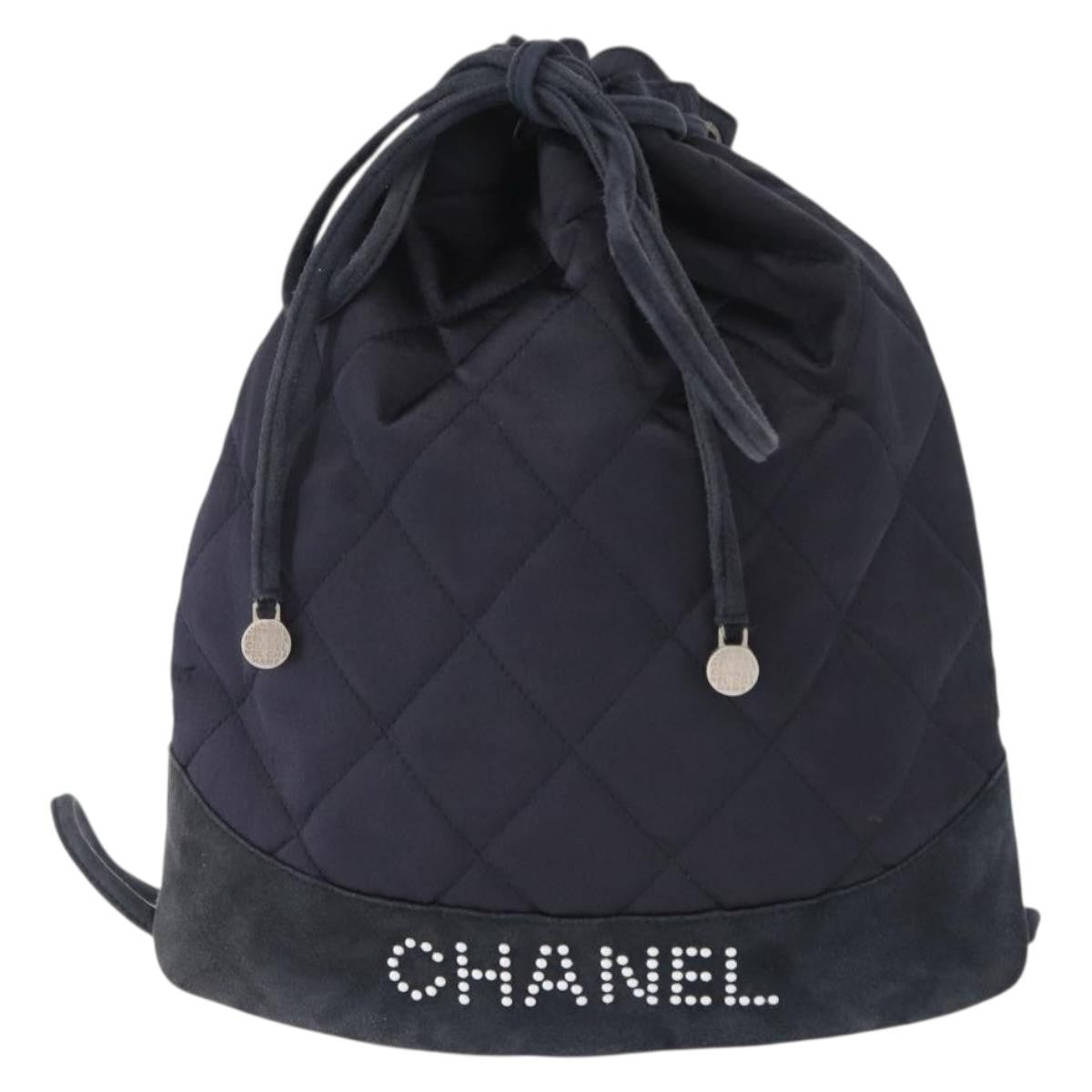 Chanel Vintage Drawstring Backpack Quilted Satin With Suede Navy Satin Backpack Bag (Pre-Owned)