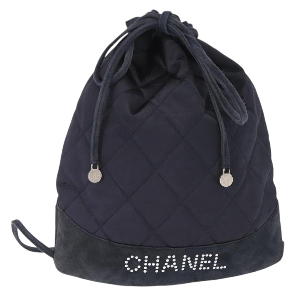 Chanel Vintage Drawstring Backpack Quilted Satin With Suede Navy Satin Backpack Bag (Pre-Owned)