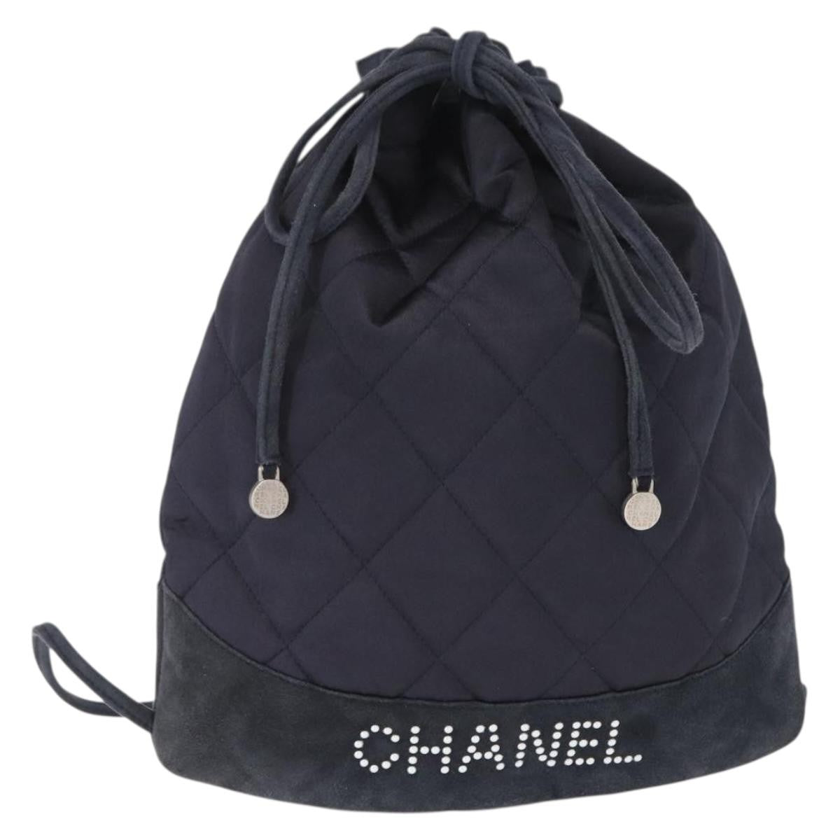 Chanel Vintage Drawstring Backpack Quilted Satin With Suede Navy Satin Backpack Bag (Pre-Owned)