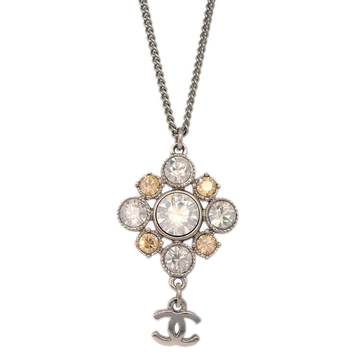 Chanel Cc Cluster Drop Pendant Necklace Metal With Crystals Silver Silver_Plated Necklace Jewelry (Pre-Owned)