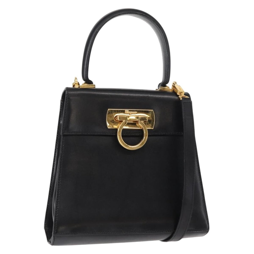 Salvatore Ferragamo Gancini Convertible Top Handle Bag Leather Black Leather Handbag (Pre-Owned)