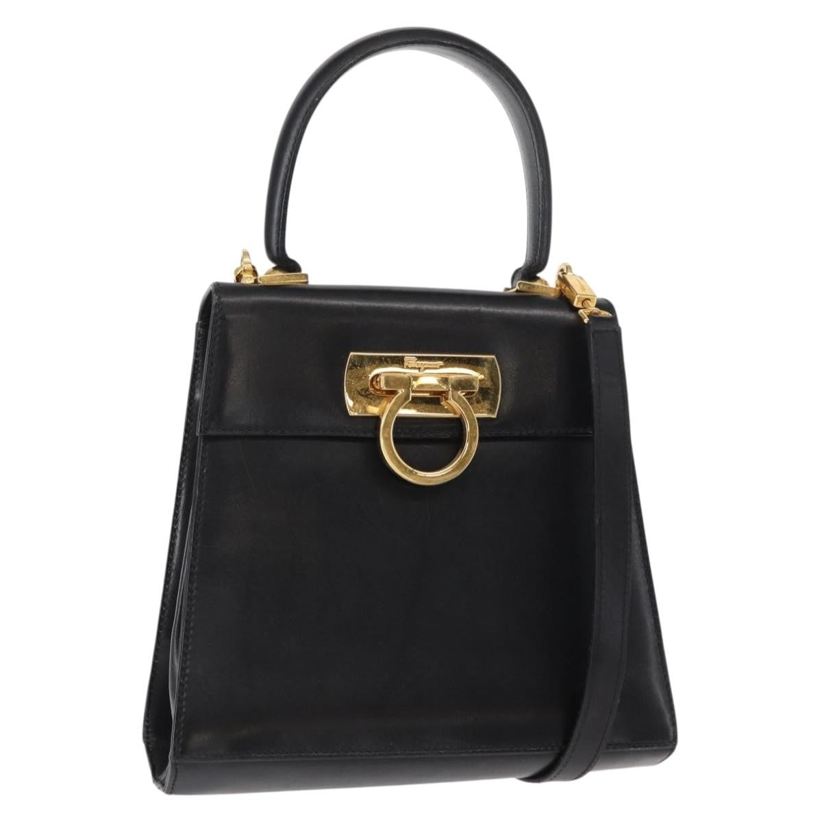 Salvatore Ferragamo Gancini Convertible Top Handle Bag Leather Black Leather Handbag (Pre-Owned)