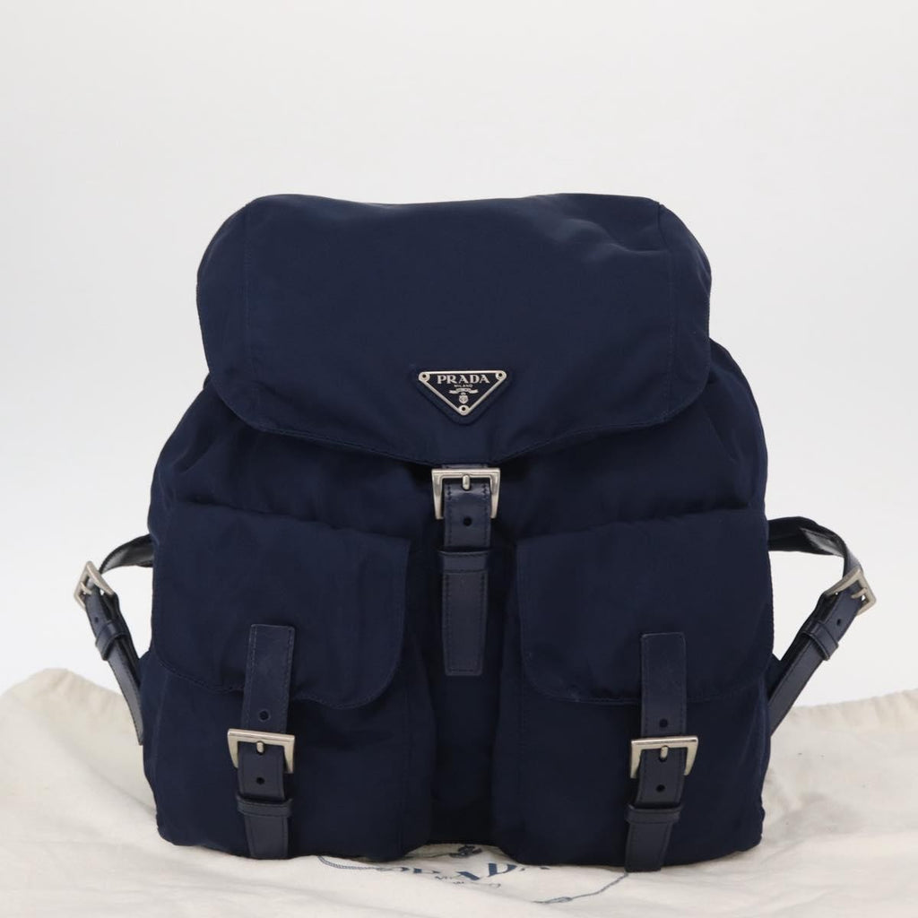 Prada Vela Double Front Pocket Backpack Tessuto With Saffiano Leather Blue Nylon Backpack Bag (Pre-Owned)