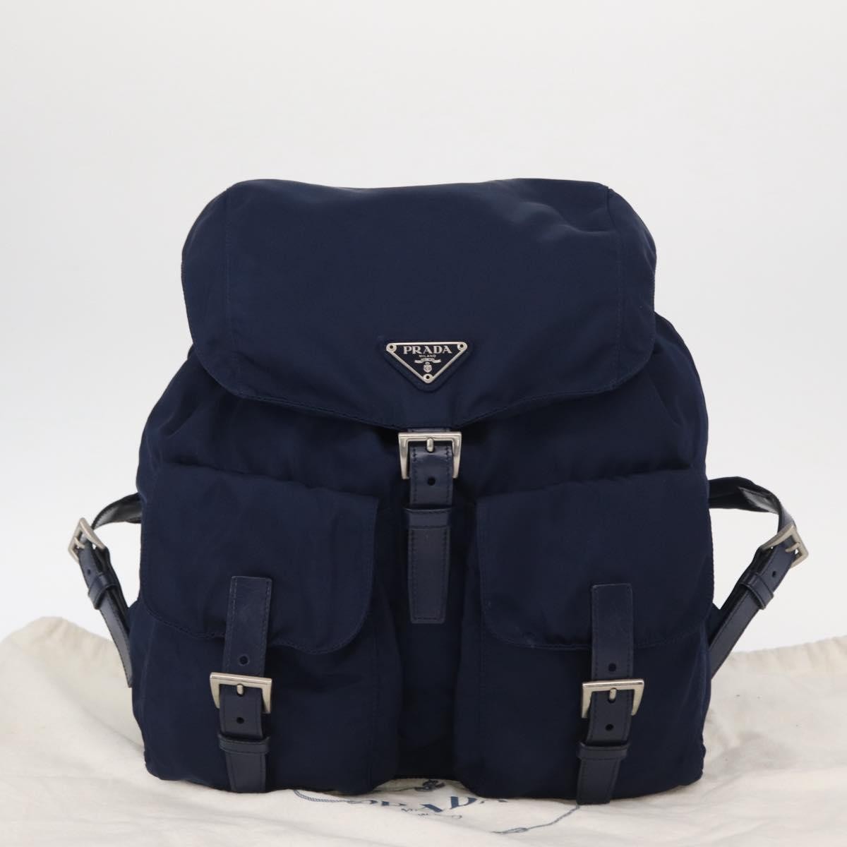 Prada Vela Double Front Pocket Backpack Tessuto With Saffiano Leather Blue Nylon Backpack Bag (Pre-Owned)