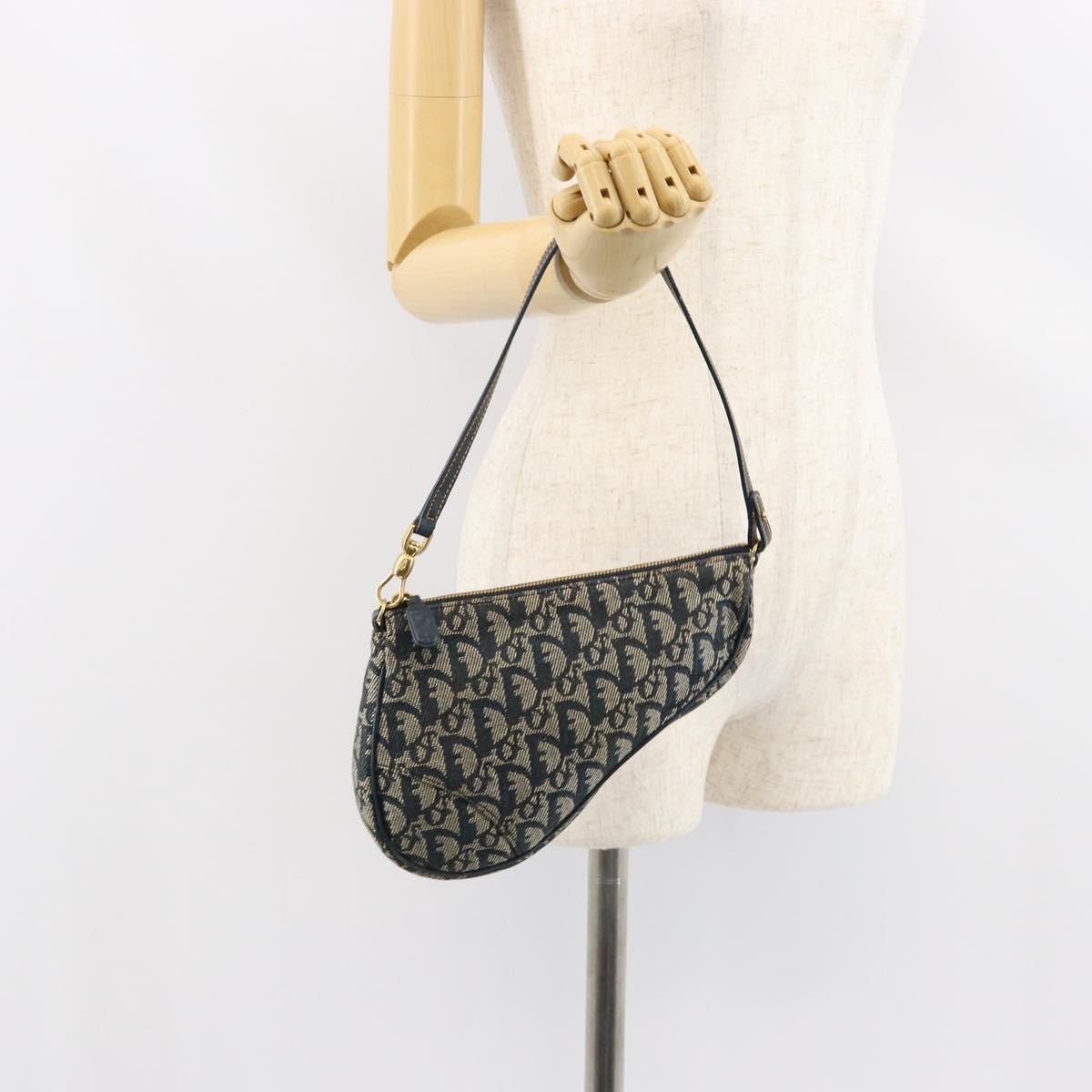 Christian Dior Vintage Saddle Bag Diorissimo Canvas Navy Canvas Clutche & Pouche Bag (Pre-Owned)
