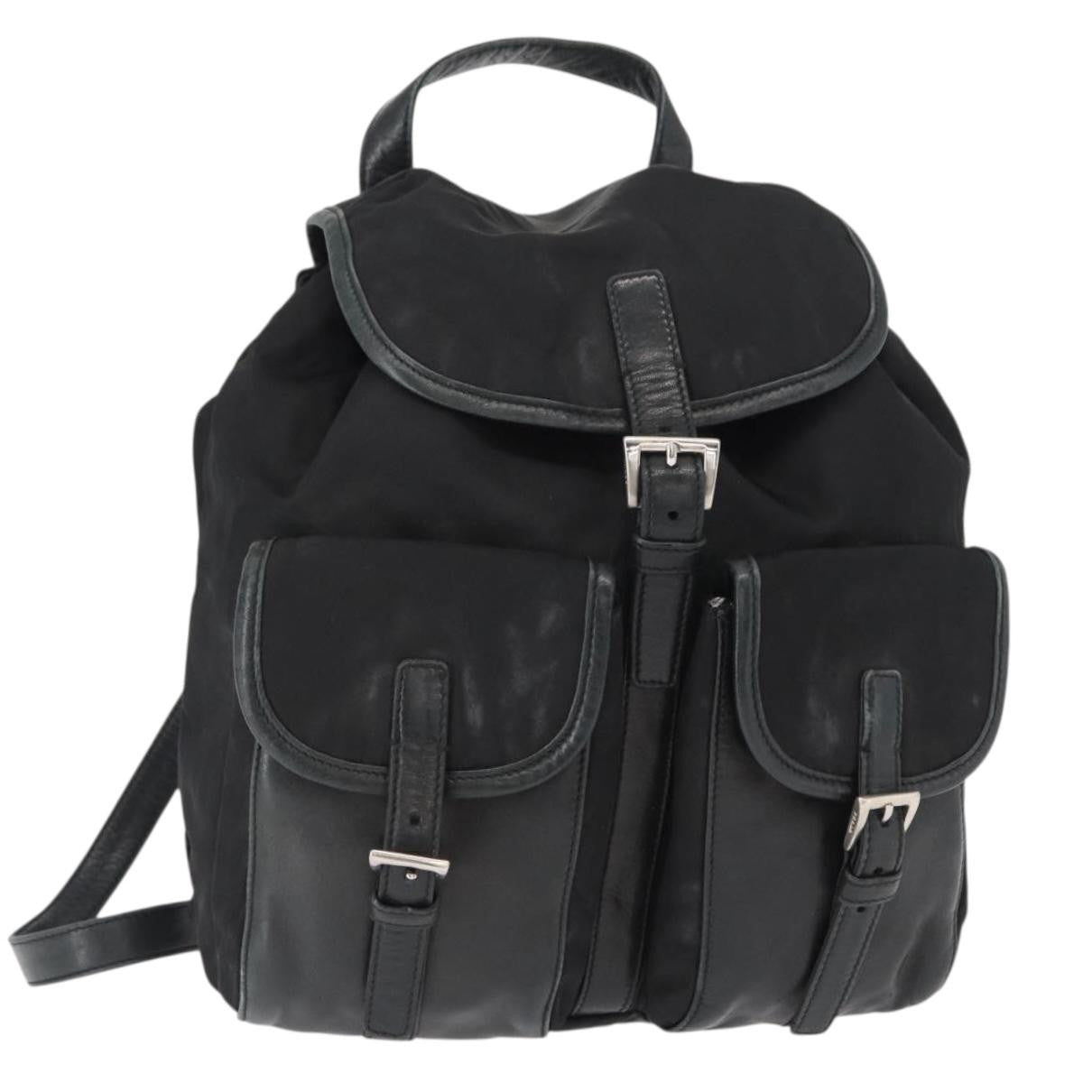Prada Vela Double Front Pocket Backpack Tessuto With Saffiano Leather Black Nylon Backpack Bag (Pre-Owned)