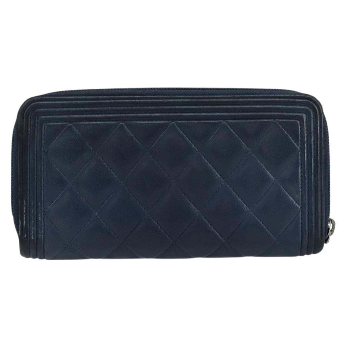Chanel Boy Yen Wallet Quilted Lambskin Navy Leather Wallets Accessory (Pre-Owned)