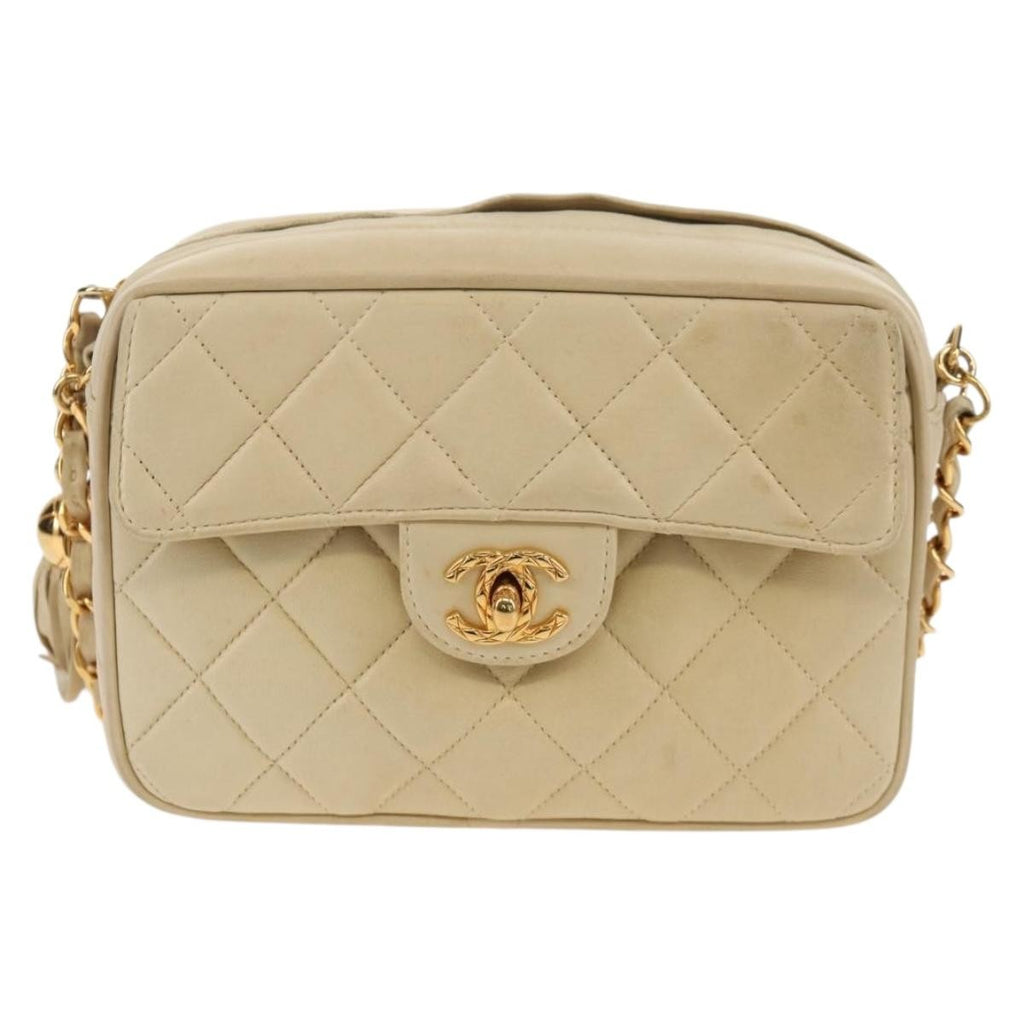Chanel Chain Flap Shoulder Bag Quilted Lambskin Beige Leather Shoulder Bag Bag (Pre-Owned)