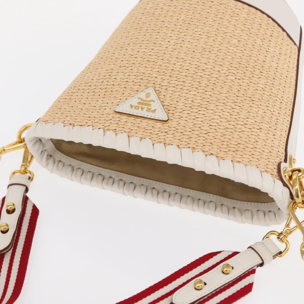 Prada Bucket Bag Woven Raffia With Leather Beige Leather Shoulder Bag Bag (Pre-Owned)
