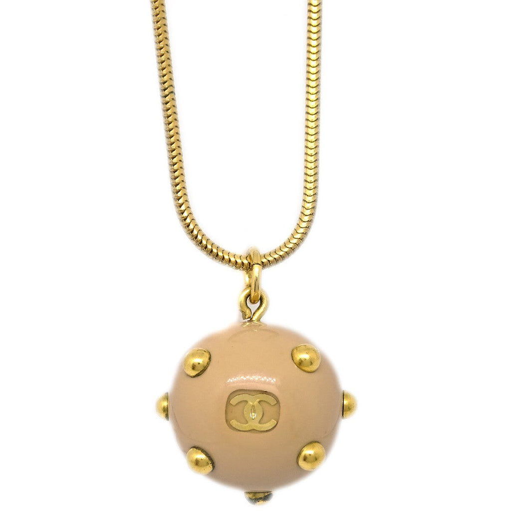 Chanel Vintage Cc Ball Pendant Necklace Metal And Enamel Beige Gold_Plated Necklace Jewelry (Pre-Owned)