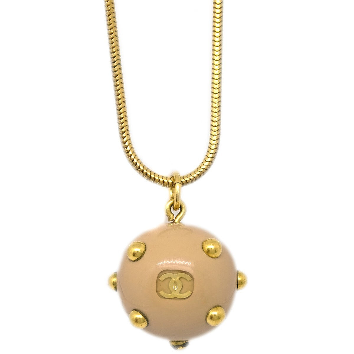 Chanel Vintage Cc Ball Pendant Necklace Metal And Enamel Beige Gold_Plated Necklace Jewelry (Pre-Owned)
