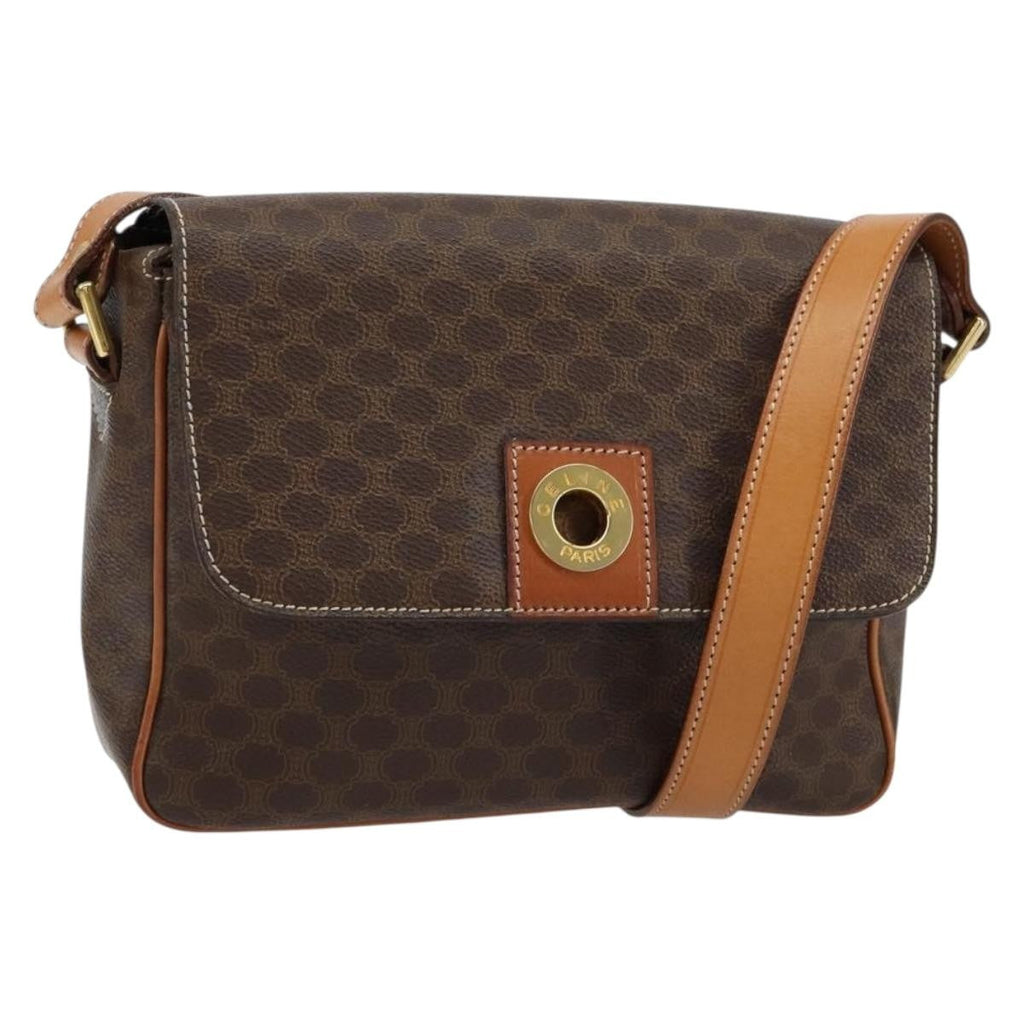 Celine Vintage Macadam Circle Logo Shoulder Bag Canvas And Leather Brown Canvas Shoulder Bag Bag (Pre-Owned)