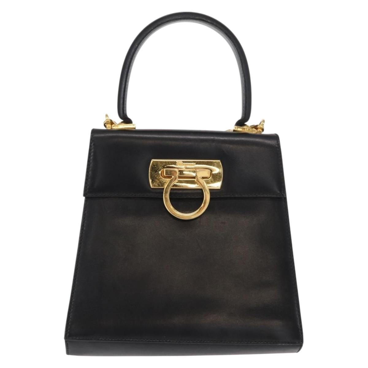 Salvatore Ferragamo Gancini Convertible Top Handle Bag Leather Black Leather Handbag (Pre-Owned)
