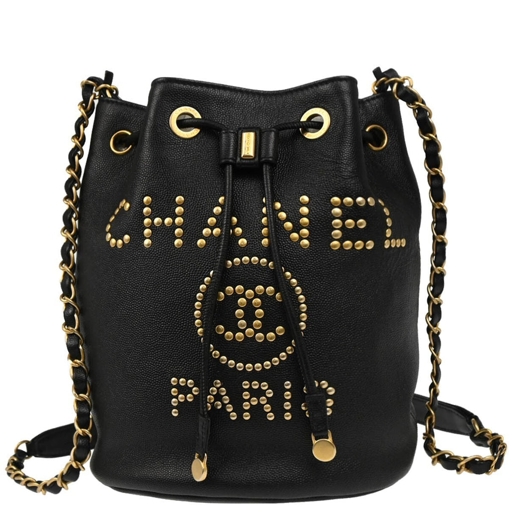 Chanel Deauville Drawstring Bucket Bag Studded Caviar Black Leather Shoulder Bag Bag (Pre-Owned)