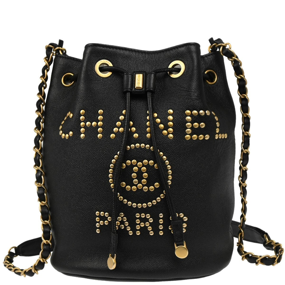 Chanel Deauville Drawstring Bucket Bag Studded Caviar Black Leather Shoulder Bag Bag (Pre-Owned)