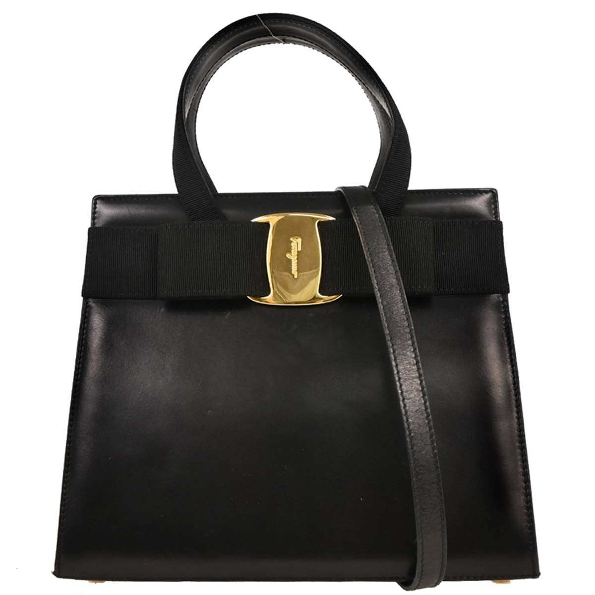 Salvatore Ferragamo Convertible Vara Bow Tote Leather Black Leather Handbag (Pre-Owned)